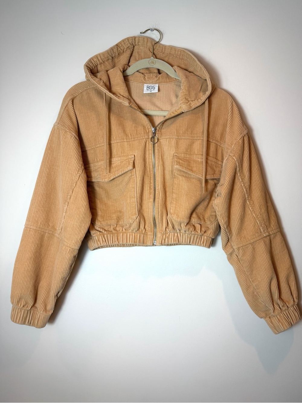 BDG Urban Outfitters Cropped Corduroy Zip-Up Hooded Jacket Camel Tan XS